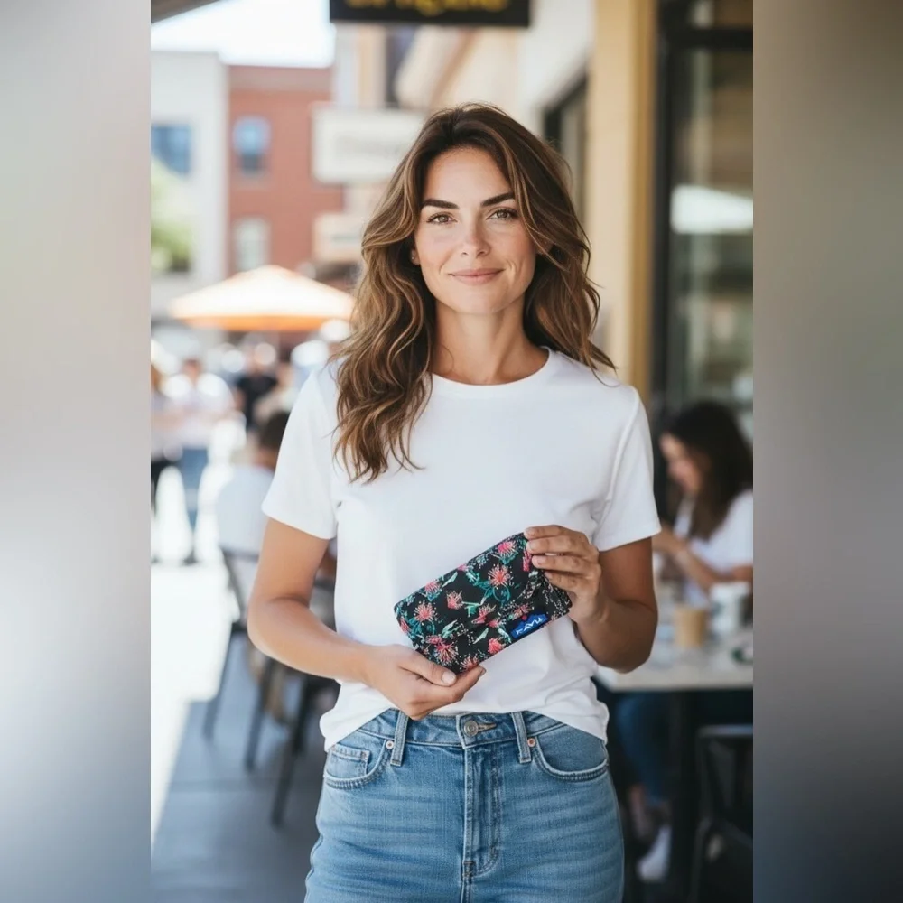 KAVU Big Spender tri-fold wallet in a black‎ canvas with a Floral Print